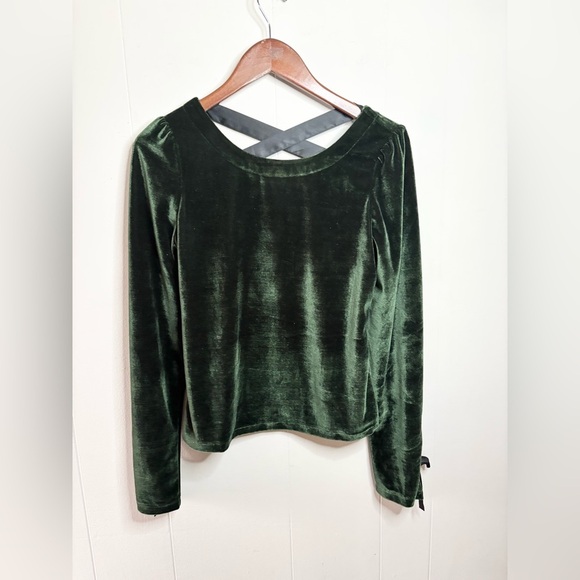 Anthropologie velvet hunter green scoop neck lace back ribbon blouse size SM - Picture 5 of 9